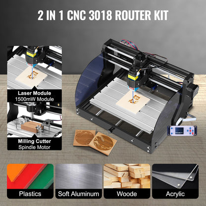 Engraving Machine 300×180×45 mm CNC Router CNC 3018 Pro 15W Laser Engraver GRBL Control 3 Axis Laser Engraving Machine, with Offline Controller, for Carving Plastic, Acrylic, PVC, Wood