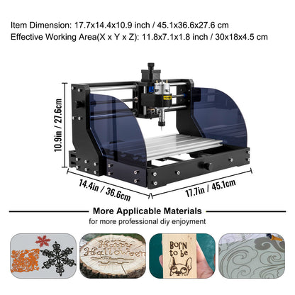 Engraving Machine 300×180×45 mm CNC Router CNC 3018 Pro 15W Laser Engraver GRBL Control 3 Axis Laser Engraving Machine, with Offline Controller, for Carving Plastic, Acrylic, PVC, Wood