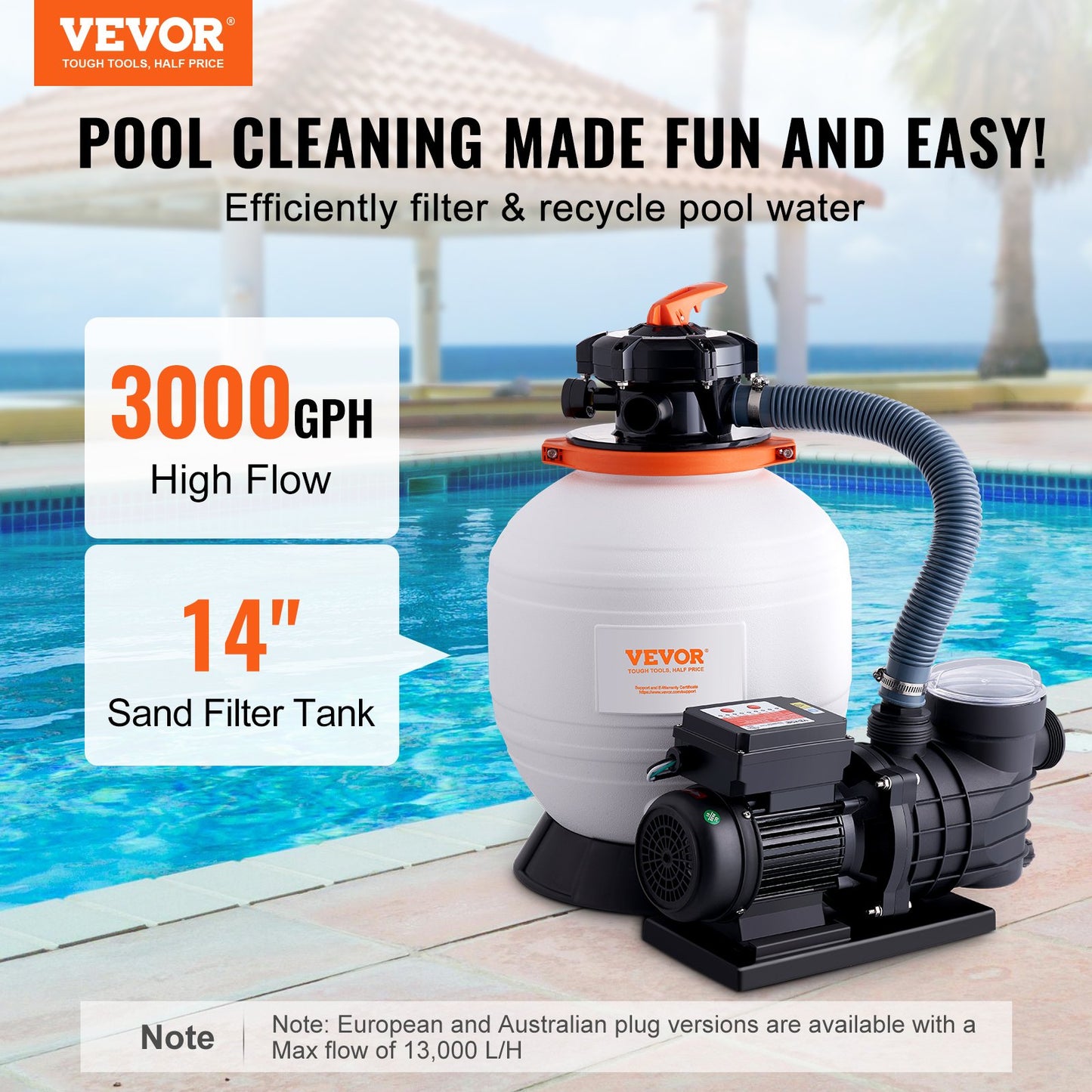 Sand Filter Pump for Above Ground Pools, 350 mm/14 inch, 13,000 L/H, 450W Swimming Pool Pumps System & Filters Combo Set with 6-Way Multi-Port Valve & Strainer Basket, for Domestic and Commercial Pools