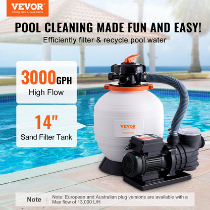 Sand Filter Pump for Above Ground Pools, 350 mm/14 inch, 13,000 L/H, 450W Swimming Pool Pumps System & Filters Combo Set with 6-Way Multi-Port Valve & Strainer Basket, for Domestic and Commercial Pools