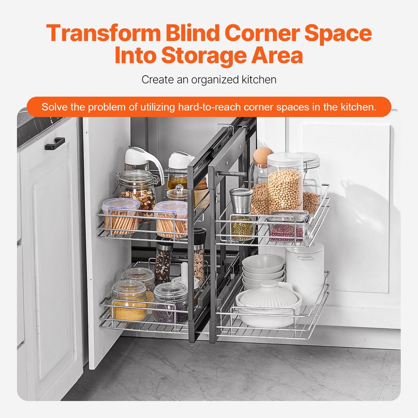 Min 15"W Opening Blind Corner Pull Out Organizer, 2 Tier 4 Shelf Kitchen Cabinet Organizer, Chrome Carbon Steel Storage Basket, Slide Out Storage Organizer, Left & Right Open Compatible