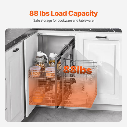 Min 15"W Opening Blind Corner Pull Out Organizer, 2 Tier 4 Shelf Kitchen Cabinet Organizer, Chrome Carbon Steel Storage Basket, Slide Out Storage Organizer, Left & Right Open Compatible