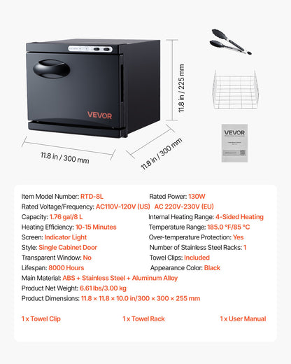 Hot Towel Warmer, 8L Small Towel Warmer Cabinet with Clip & Stainless Steel Rack, Holds up 12 Towels, Portable All-Round Heating Cabinet for Spa, Barber, Manicures, Massage, Salon, Black