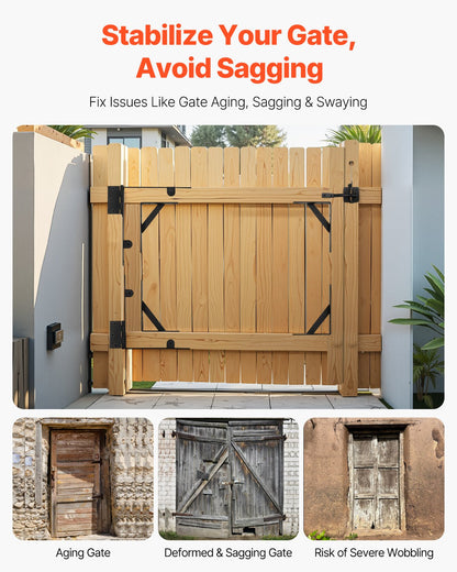 Gate Corner Brace Bracket, Anti Sag Gate Frame Hardware Kit, Gate Frame Brace Bracket with Latch Lock Rope, Latch Lock, for Shed Doors, Corral Gates, Driveway Gates, Wood Windows, Iron, Black