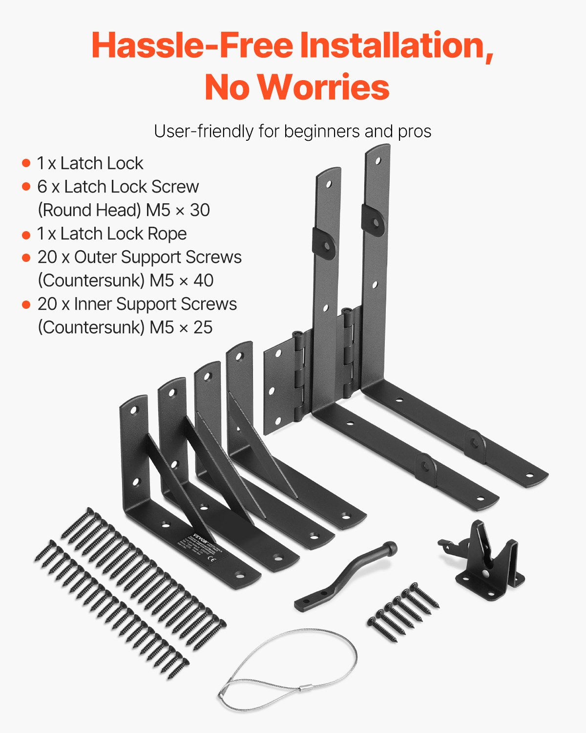 Gate Corner Brace Bracket, Anti Sag Gate Frame Hardware Kit, Gate Frame Brace Bracket with Latch Lock Rope, Latch Lock, for Shed Doors, Corral Gates, Driveway Gates, Wood Windows, Iron, Black