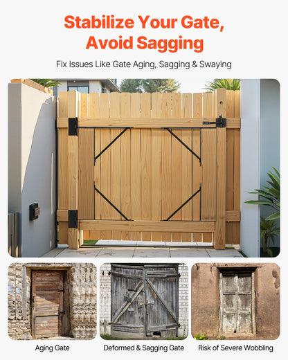 Gate Corner Brace Bracket, 2 Sets, Anti Sag Gate Frame Hardware Kit, Gate Frame Brace Bracket with Latch Lock, Screws, for Shed Doors, Corral Gates, Driveway Gates, Stable Gates, Iron, Black