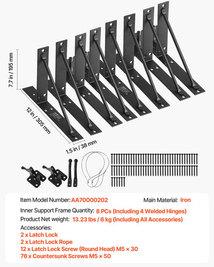 Gate Corner Brace Bracket, 2 Sets, Anti Sag Gate Frame Hardware Kit, Gate Frame Brace Bracket with Latch Lock, Screws, for Shed Doors, Corral Gates, Driveway Gates, Stable Gates, Iron, Black
