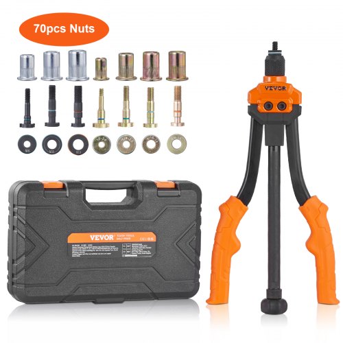 Rivet Nut Tool, 35.6 cm Rivnut Tool Kit with 7 PCS Metric and SAE Mandrels, 70 PCS Assorted Rivet Nuts, 10-24, 1/4-20, M6, 5/16-18, M8, 3/8-16, M10, Rivet Nut Kit With Rugged Carrying Case