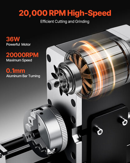 Didactical Mini Metal Lathe Machine, 70 x 130 mm(2.76 x 5.12 in), 36W Power Metal Lathe, 20,000 RPM Speed, with 3-jaw Chuck, Aluminum Alloy Handwheel, for Processing Precision Parts Soft Metals Wood Plastics