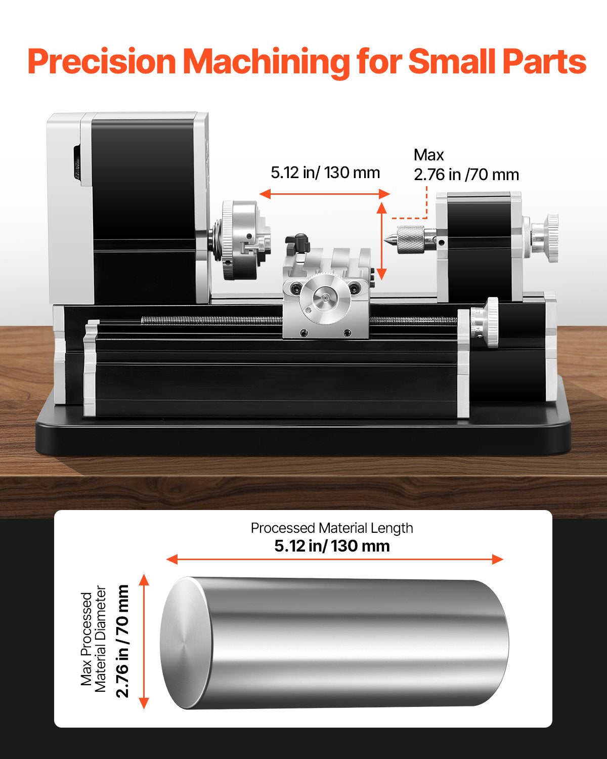 Didactical Mini Metal Lathe Machine, 70 x 130 mm(2.76 x 5.12 in), 36W Power Metal Lathe, 20,000 RPM Speed, with 3-jaw Chuck, Aluminum Alloy Handwheel, for Processing Precision Parts Soft Metals Wood Plastics