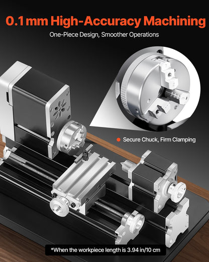 Didactical Mini Metal Lathe Machine, 70 x 130 mm(2.76 x 5.12 in), 36W Power Metal Lathe, 20,000 RPM Speed, with 3-jaw Chuck, Aluminum Alloy Handwheel, for Processing Precision Parts Soft Metals Wood Plastics