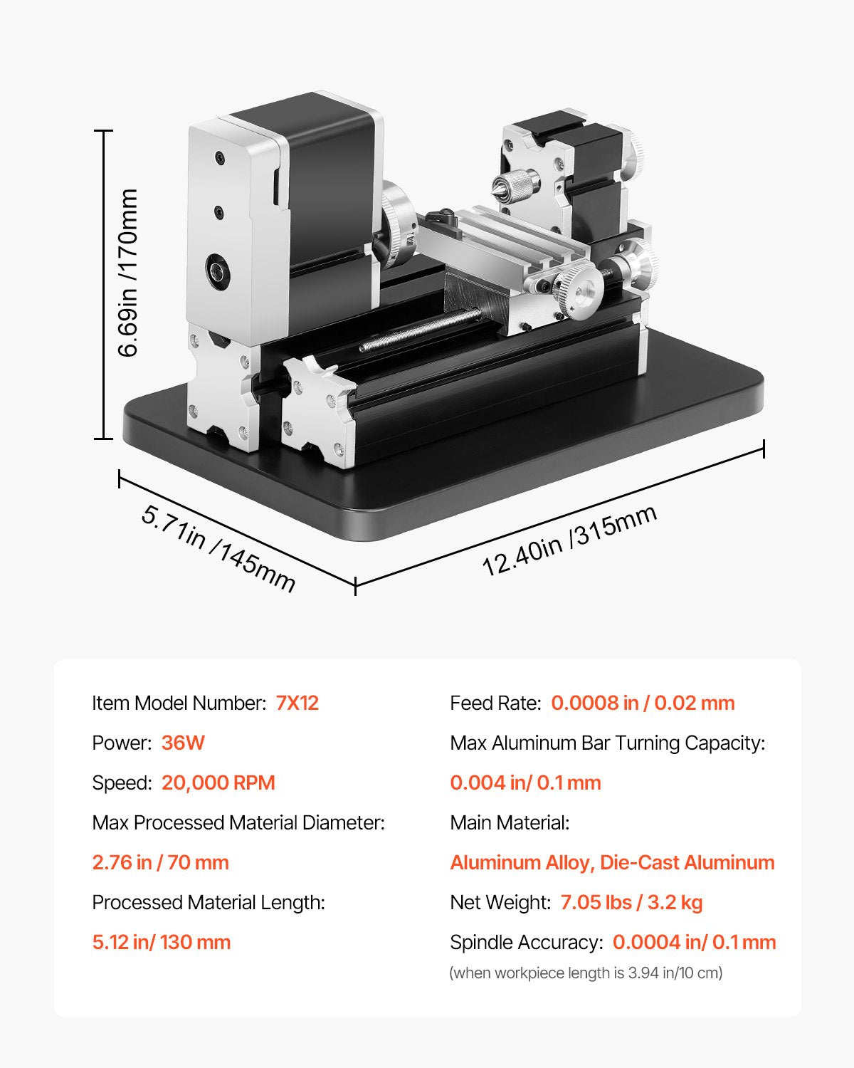 Didactical Mini Metal Lathe Machine, 70 x 130 mm(2.76 x 5.12 in), 36W Power Metal Lathe, 20,000 RPM Speed, with 3-jaw Chuck, Aluminum Alloy Handwheel, for Processing Precision Parts Soft Metals Wood Plastics