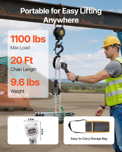 Manual Lever Chain Hoist, 1/2T 500KG Capacity Heavy Duty Come Along, 6M Lift G80 Alloy Steel Chain With Dual Pawl Mechanical Brake, 360° Rotating Hooks, for Warehouse Construction Garage
