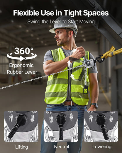 Manual Lever Chain Hoist, 1/2T 500KG Capacity Heavy Duty Come Along, 6M Lift G80 Alloy Steel Chain With Dual Pawl Mechanical Brake, 360° Rotating Hooks, for Warehouse Construction Garage