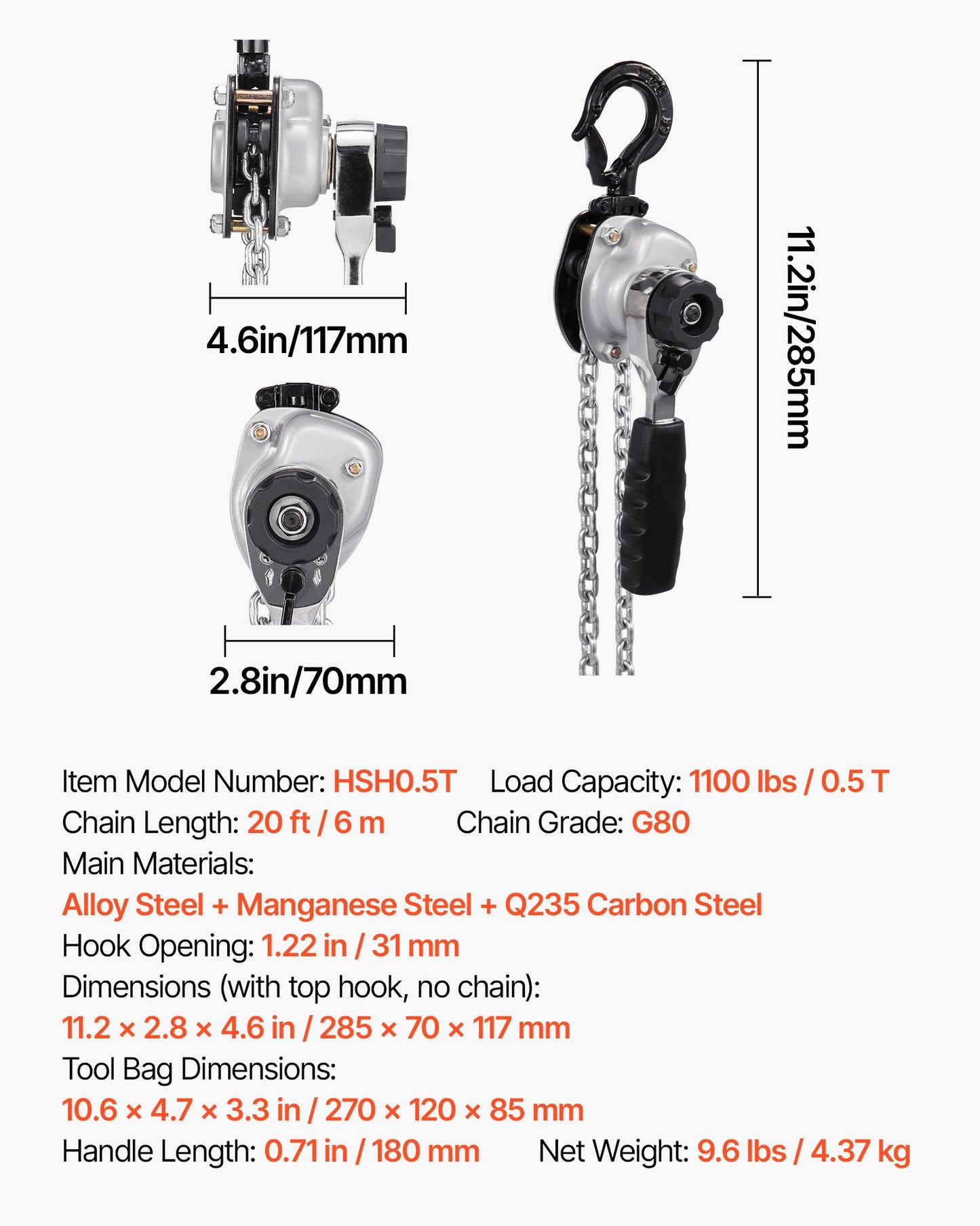 Manual Lever Chain Hoist, 1/2T 500KG Capacity Heavy Duty Come Along, 6M Lift G80 Alloy Steel Chain With Dual Pawl Mechanical Brake, 360° Rotating Hooks, for Warehouse Construction Garage