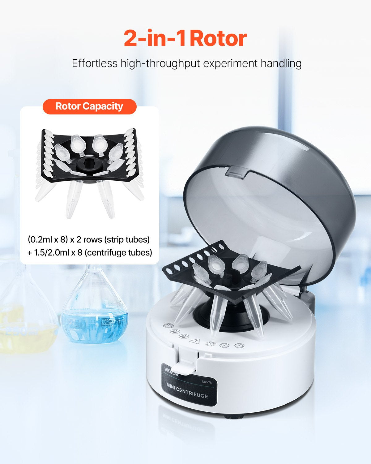 Mini Centrifuge Machine, 3013xg RCF Electric Laboratory Centrifuge Machine with 2-in-1 Rotor for 0.2/1.5/2ml Tube Capacity, Fixed Speed 7000r/min, Low Noise, Widely Used in Various Experiments