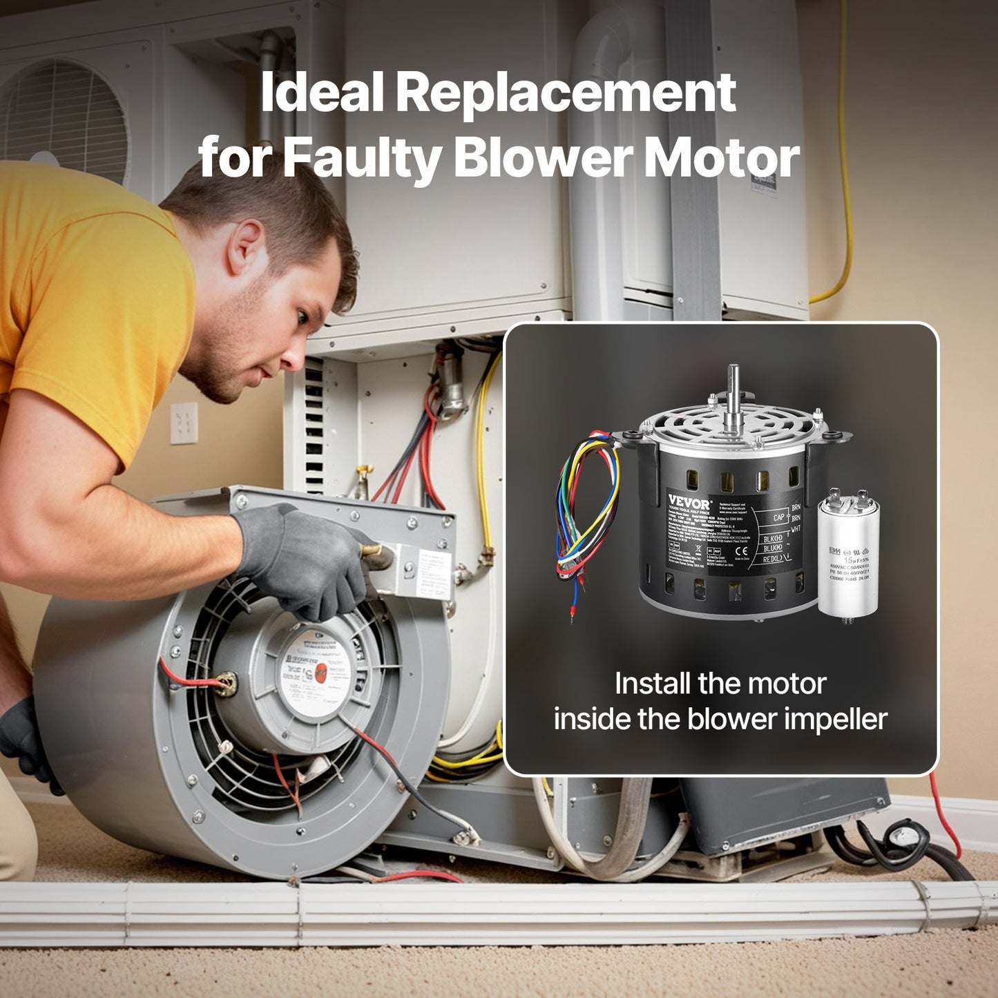 1/2HP Furnace Blower Motor, 220V 2.6Amps, 1300RPM 3-Speed, 10mm Shaft Diameter, 20mm Shaft Length, ROT. CCW from Shaft End, Includes CBB60 15μF/450V Capacitor