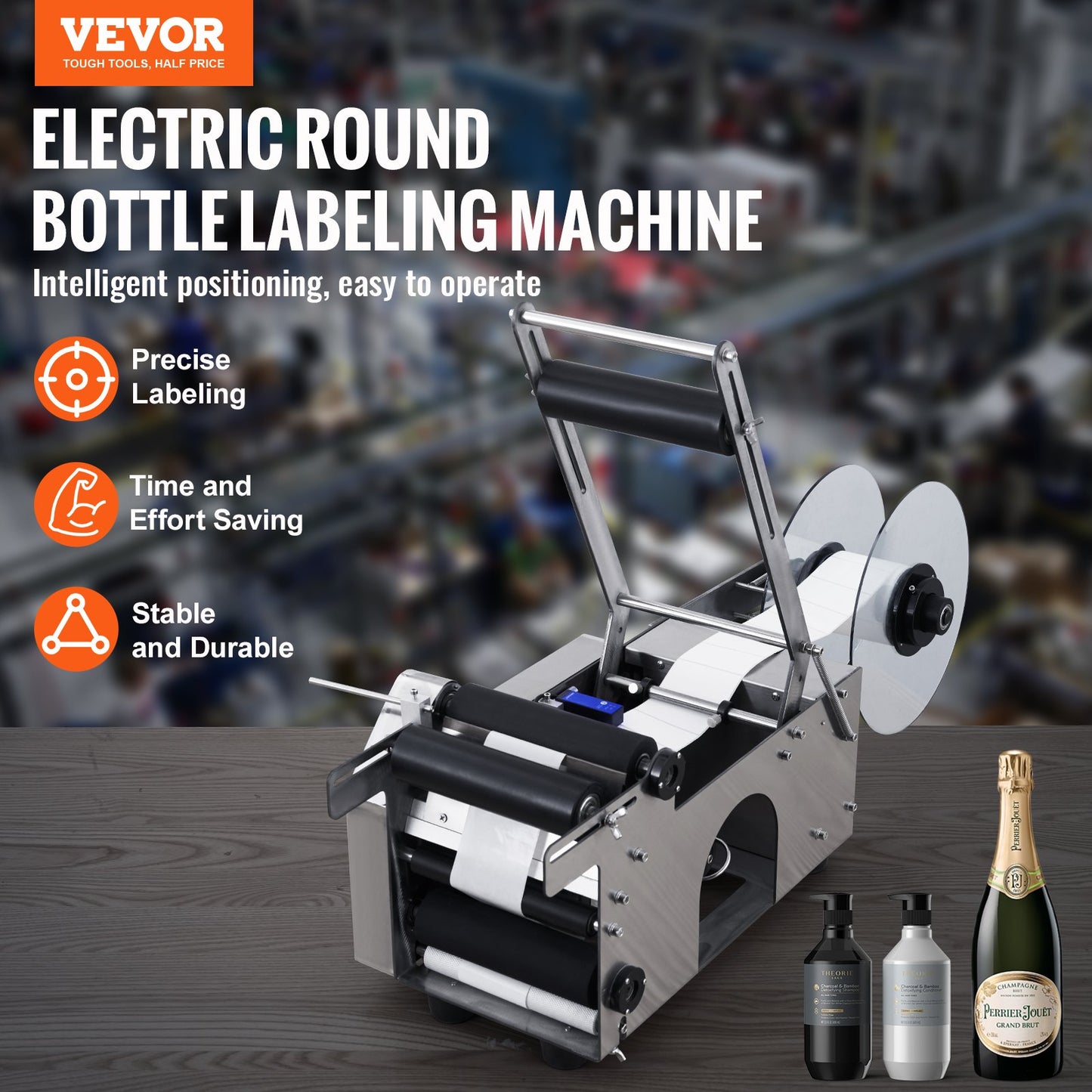 Semi-Automatic Round Labeling Machine, 20-50pcs/min, Electric Bottle Label Applicator for Round Bottles, Round Bottle Labeler Suitable for Bottle Diameter 0.79-4.72 inches (with Pressing Bar)