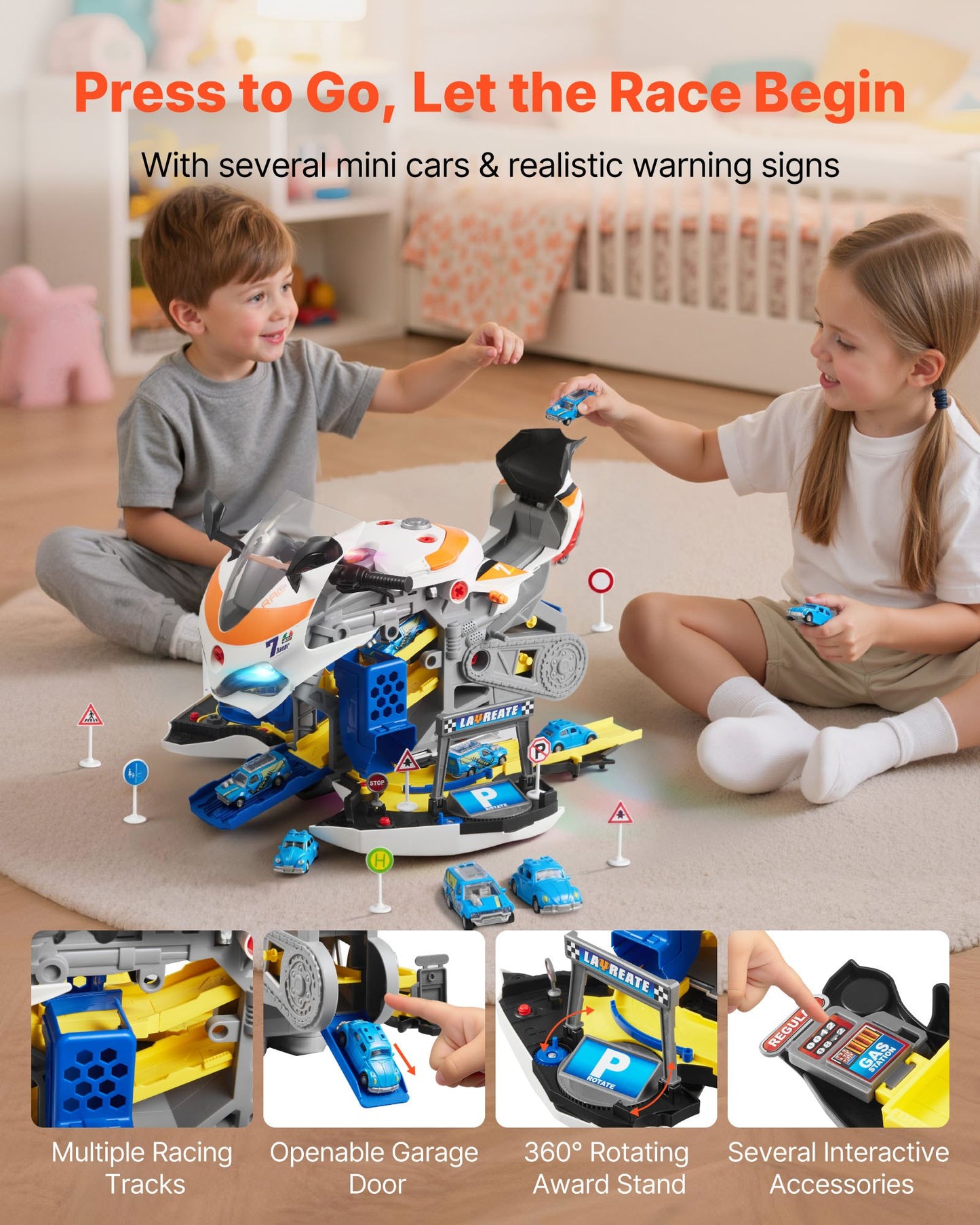 Motorcycle Engine Toy, 25 Pieces, Motorcycle Mechanic Toy with Removable Parts, Lights & Sounds, Simulated Riding & Track Racing, Kids Mechanic Workshop Set for Toddler 3 Years and Up, Yellow