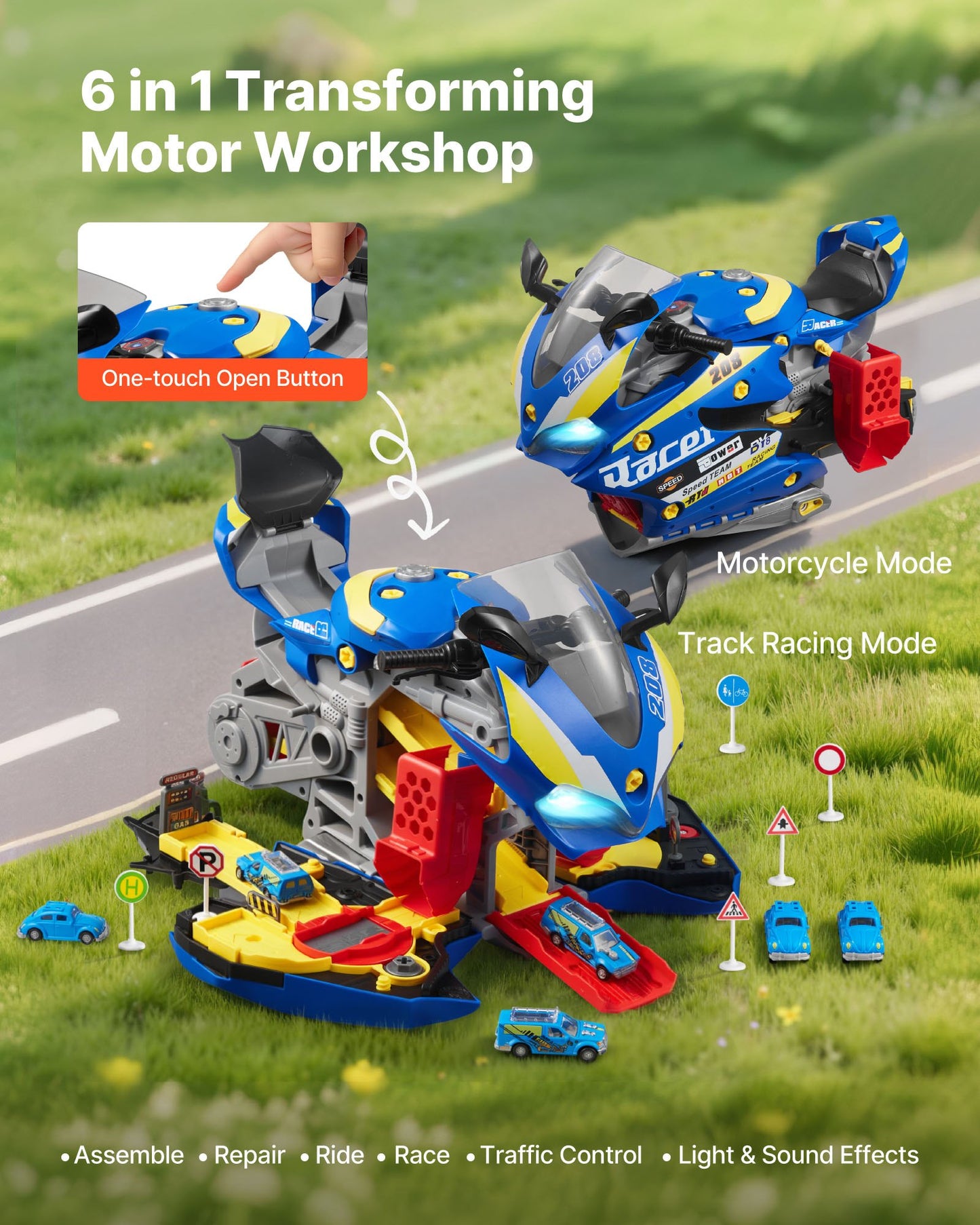 Motorcycle Engine Toy, 25 Pieces, Motorcycle Mechanic Toy with Removable Parts, Lights & Sounds, Simulated Riding & Track Racing, Kids Mechanic Workshop Set for Toddler 3 Years and Up, Blue