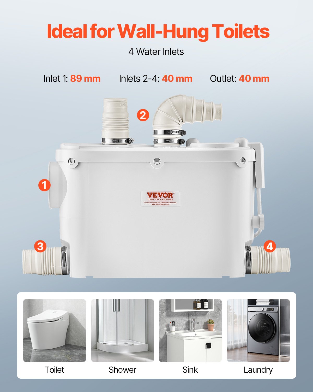 Macerator Pump, 500W, 6600 L/h Flow, 26.2 ft/8 m Head, Macerator Sewerage Sump Pump with 3 Water Inlets for Toilet, Basement, Kitchen, Sink, Shower, Bathtub Waste Water Disposal Upflush Machine