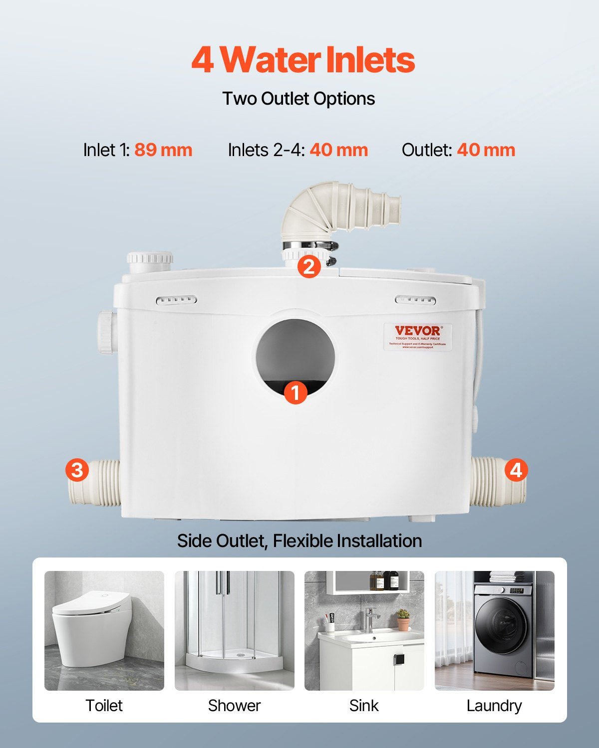 Macerator Pump, 1200W, 180 L/min(48 GPM) Flow, 33 ft/10 m Head, Macerator Sewerage Toilet Pump with 4 Water Inlets, Waste Water Disposal Upflush Machine for Toilet, Basement, Shower, Sink, Laundry, Bathtub