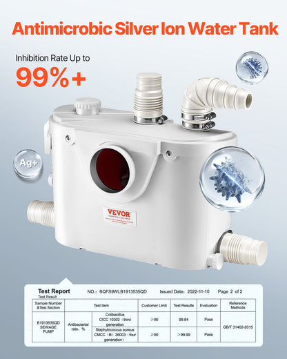 Macerator Pump, 500W, 110 L/min(29 GPM) Flow, 26 ft/8 m Head, Macerator Sewerage Toilet Pump with 4 Water Inlets, Waste Water Disposal Upflush Machine for Toilet, Basement, Shower, Sink, Laundry, Bathtub