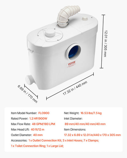 Macerator Pump, 900W, 180 L/min(48 GPM) Flow, 40 ft/12 m Head, Macerator Sewerage Toilet Pump with 4 Water Inlets, Waste Water Disposal Upflush Machine for Toilet, Basement, Shower, Sink, Laundry, Bathtub