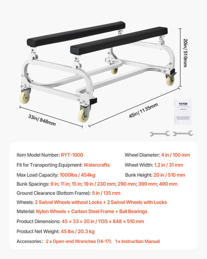 Watercraft PWC Dolly, 1000 lbs Load Capacity, Jet Ski Stand PWC Cart for Moving Watercraft, Adjustable Bunks with 4 Casters & 2 Brakes, Heavy-Duty Jet Ski Cart for Kayaks, Jet Skis, Speedboats