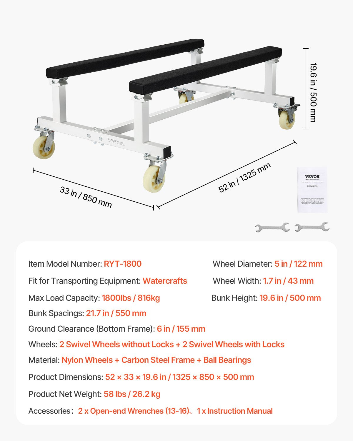 Watercraft PWC Dolly, 1800 lbs Load Capacity, Jet Ski Stand PWC Cart for Moving Watercraft, Fixed Bunk with 4 Casters & 2 Brakes, Heavy-Duty Jet Ski Cart for Kayaks, Hovercrafts, Speedboats