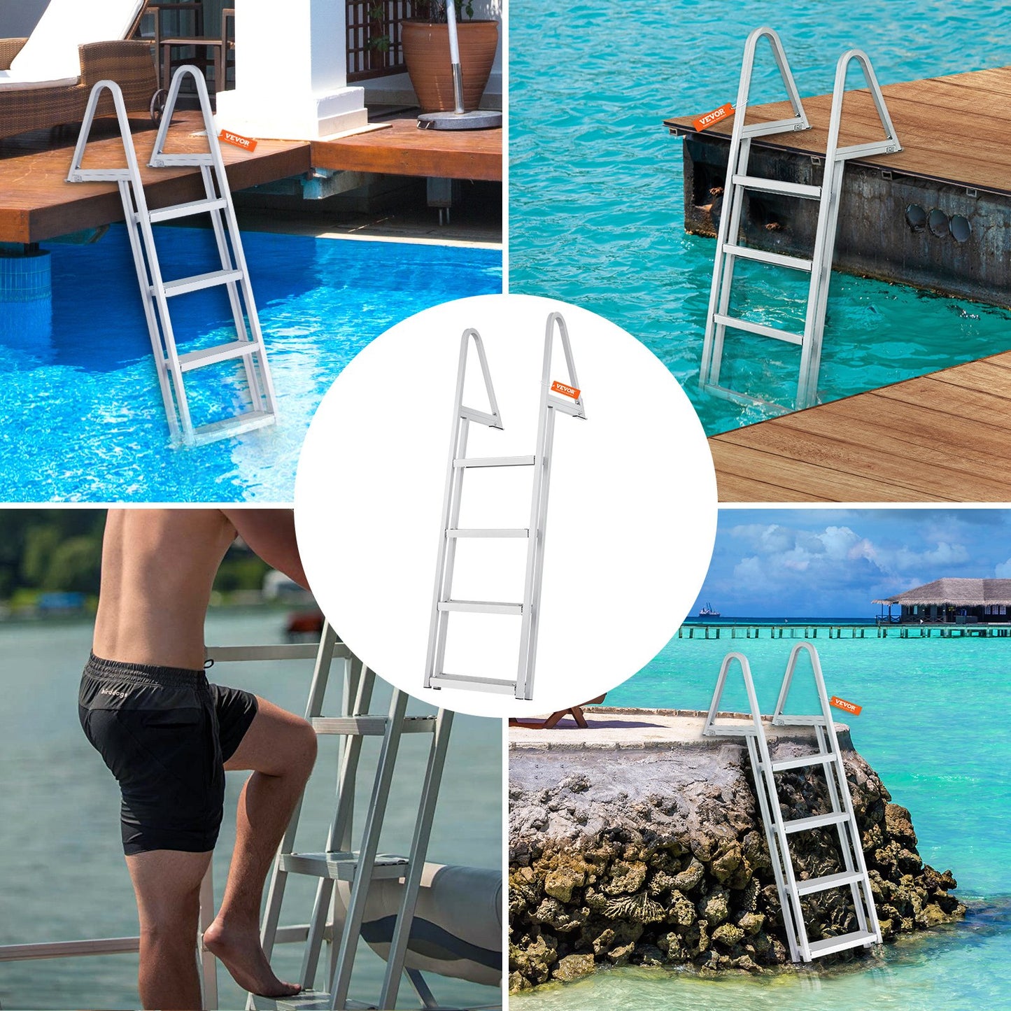 Dock Ladder, Removable 4 Steps, 350 lbs Load Capacity, Aluminum Alloy Pontoon Boat Ladder with 4'' Wide Step & Anti-Slip Design Pedal, Easy to Install for Ship/Lake/Pool/Marine Boarding