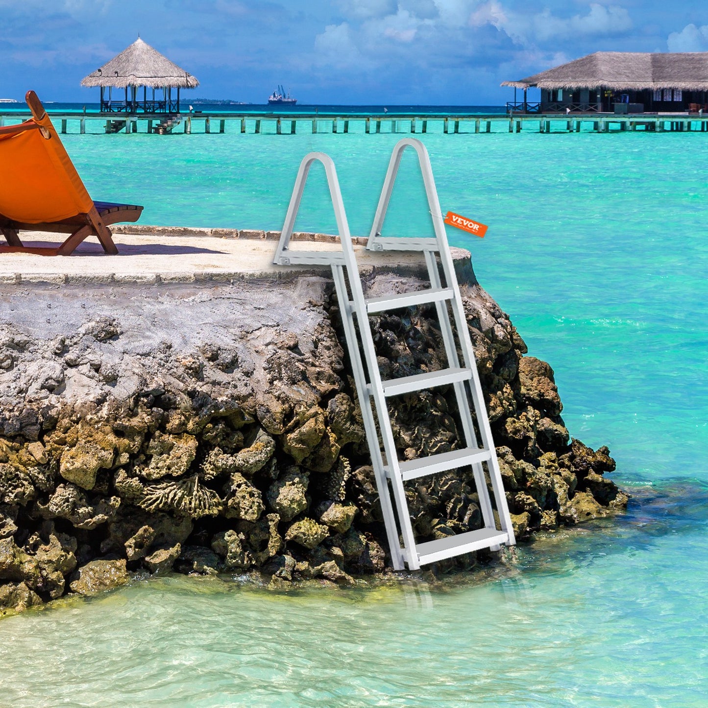 Dock Ladder, Removable 4 Steps, 350 lbs Load Capacity, Aluminum Alloy Pontoon Boat Ladder with 4'' Wide Step & Anti-Slip Design Pedal, Easy to Install for Ship/Lake/Pool/Marine Boarding