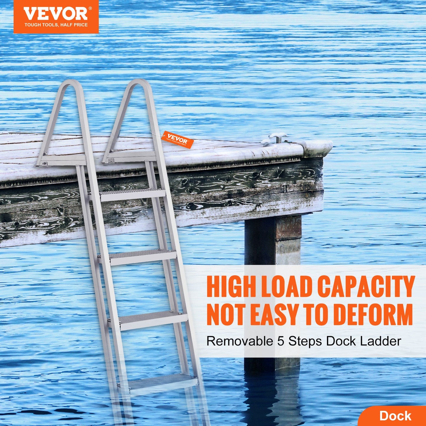 Removable Dock Ladder 5 Steps, 350 lbs Load Capacity, Pontoon Boat Ladder with 4'' Wide Step & Nonslip Design for Ship/Lake/Pool/Marine Boarding