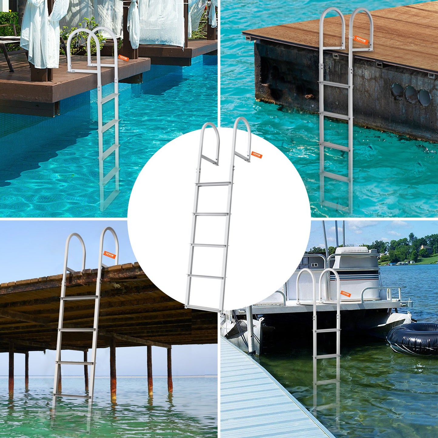 Dock Ladder, Removable 5 Steps, 500 lbs Load Capacity, Aluminum Alloy Pontoon Boat Ladder with 3.1'' Wide Step & Anti-Slip Design Pedal, Easy to Install for Ship/Lake/Pool/Marine Boarding
