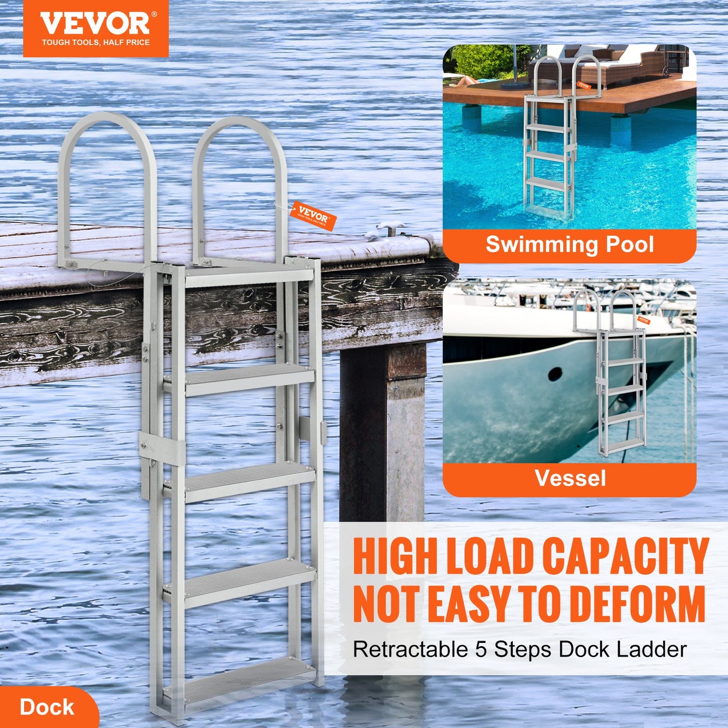 Dock Ladder, Retractable 5 Steps, 350 lbs Load Capacity, Aluminum Alloy Pontoon Boat Ladder with 66.9''-78.9'' Adjustable Height, 4'' Wide Step & Anti-Slip Design Pedal, for Ship/Lake/Pool/Marine Boarding
