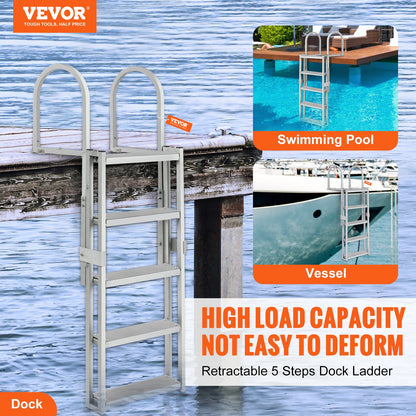 Dock Ladder, Retractable 5 Steps, 350 lbs Load Capacity, Aluminum Alloy Pontoon Boat Ladder with 66.9''-78.9'' Adjustable Height, 4'' Wide Step & Anti-Slip Design Pedal, for Ship/Lake/Pool/Marine Boarding