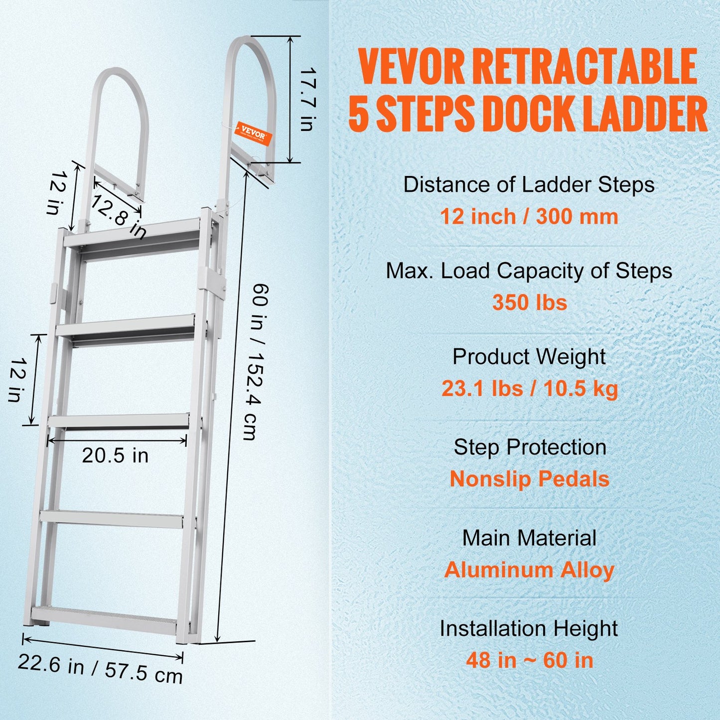Dock Ladder, Retractable 5 Steps, 350 lbs Load Capacity, Aluminum Alloy Pontoon Boat Ladder with 66.9''-78.9'' Adjustable Height, 4'' Wide Step & Anti-Slip Design Pedal, for Ship/Lake/Pool/Marine Boarding