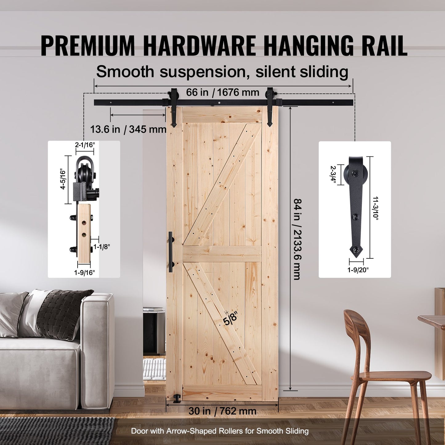 Barn Door and Hardware Kit, 30" x 84" Wood Sliding Barn Door, Smoothly and Quietly, Barn Door Kit with 8-in-1 Floor Guide and Door Handle, Spruce Wood Panelled Slab, Easy to Install