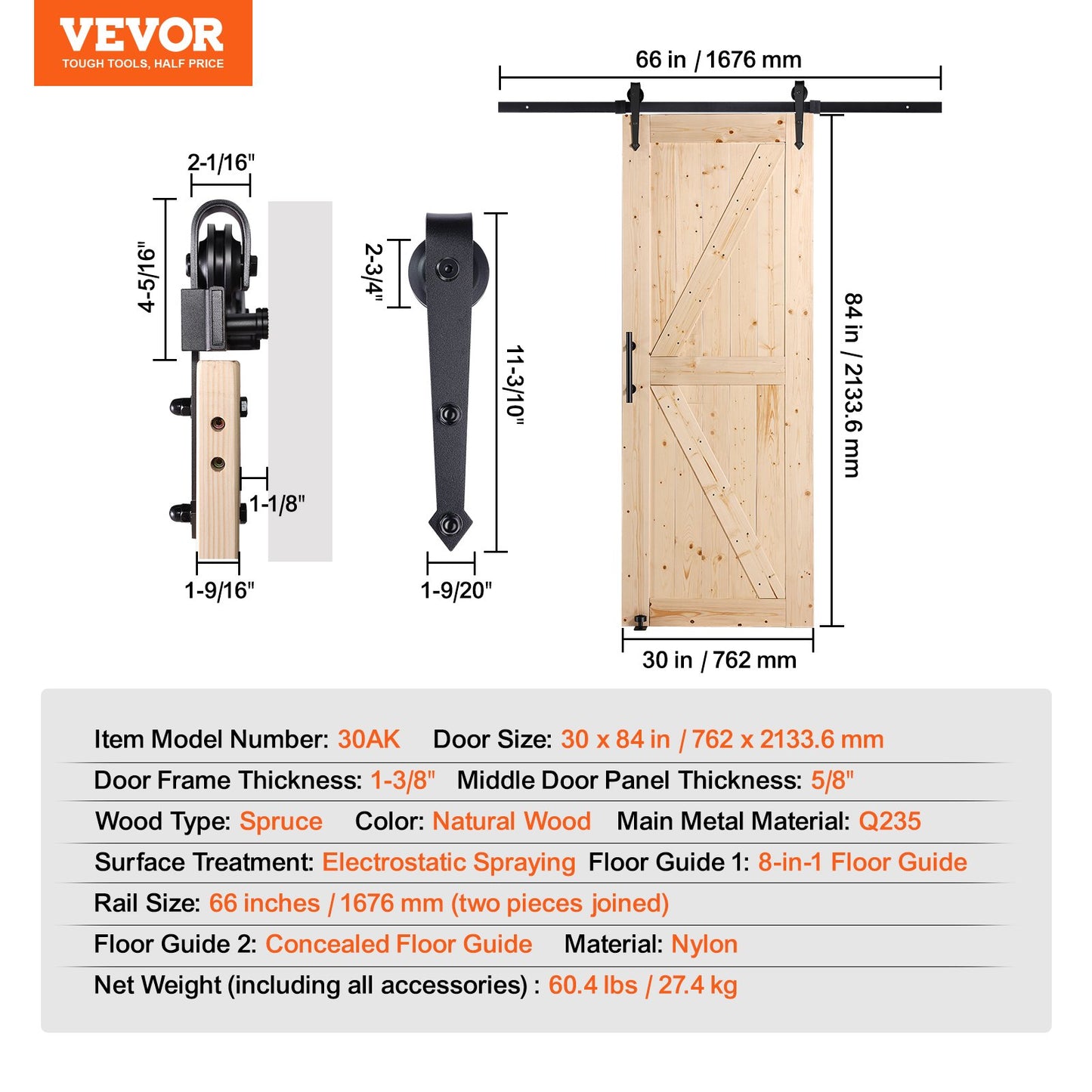 Barn Door and Hardware Kit, 30" x 84" Wood Sliding Barn Door, Smoothly and Quietly, Barn Door Kit with 8-in-1 Floor Guide and Door Handle, Spruce Wood Panelled Slab, Easy to Install