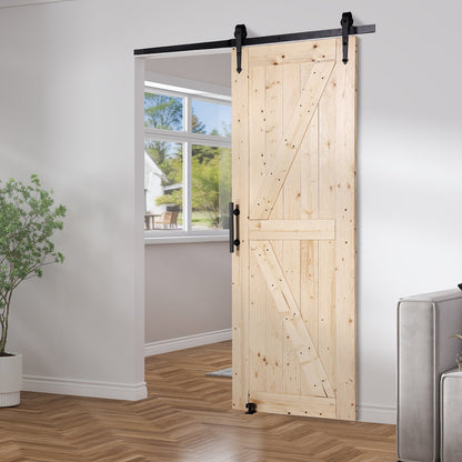 Barn Door and Hardware Kit, 30" x 84" Wood Sliding Barn Door, Smoothly and Quietly, Barn Door Kit with 8-in-1 Floor Guide and Door Handle, Spruce Wood Panelled Slab, Easy to Install