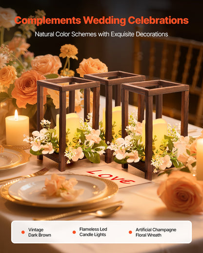 20 Set/60 Pcs Wooden Wedding Lantern Centerpiece, Includes 20 Wooden Lantern Candle Holder 20 Flameless LED Candle 20 Champagne Flower Wreath for Wedding Table Party Farmhouse Decor, Brown
