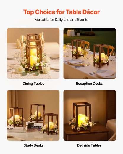 20 Set/60 Pcs Wooden Wedding Lantern Centerpiece, Includes 20 Wooden Lantern Candle Holder 20 Flameless LED Candle 20 Champagne Flower Wreath for Wedding Table Party Farmhouse Decor, Brown
