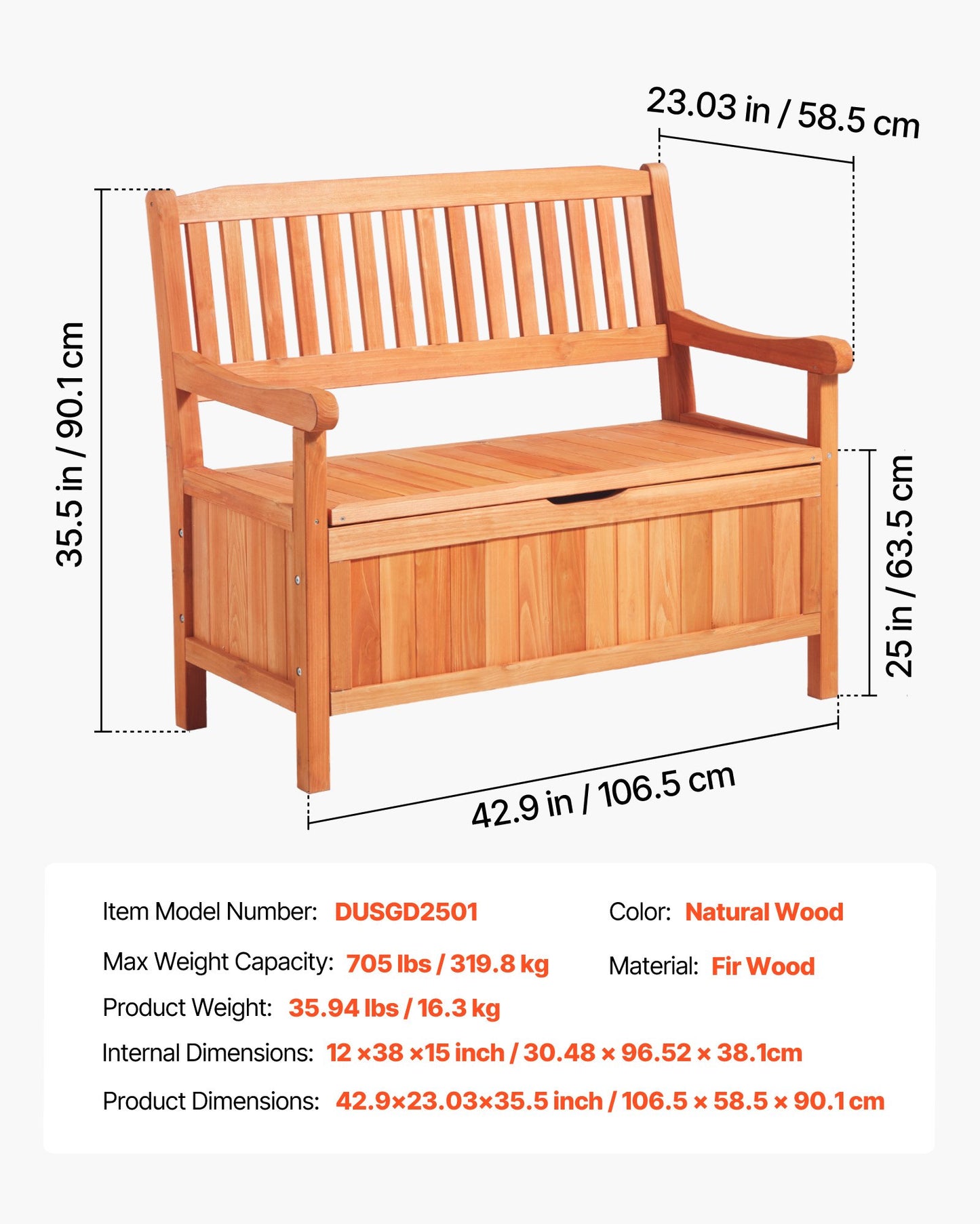 Gartenbank mit Stauraum, 2-Personen-Sitzbank aus Holz, 125-Liter-Gartenbox mit seitlichem Griff, belastbar bis 320 kg, wetterfest, ideal für Terrasse, Garten, Balkon und Hof