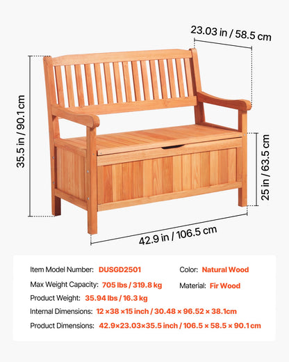Gartenbank mit Stauraum, 2-Personen-Sitzbank aus Holz, 125-Liter-Gartenbox mit seitlichem Griff, belastbar bis 320 kg, wetterfest, ideal für Terrasse, Garten, Balkon und Hof