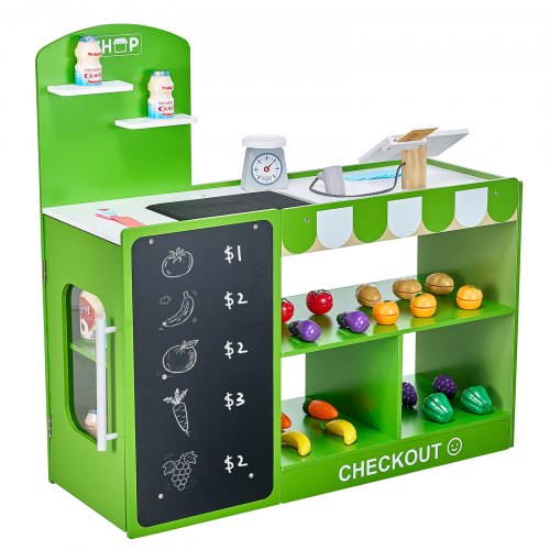 Kids Grocery Store Playset, Wooden Play Market Stand with Shopping Bag, Kids Supermarket Pretend Play Store with Conveyor Belt, Scanner, Cash Register, Realistic Scale, Gift for Boys & Girls