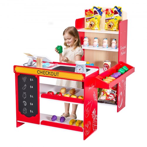 Kids Grocery Store Playset, Wooden Play Store with Shopping Bag, Kids Supermarket Pretend Play Toy Set with Conveyor Belt, Scanner, Cash Register, Realistic Scale, Gift for Boys & Girls