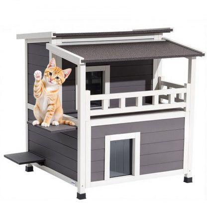 Insulated Cat House, 2-Story Wooden Cat Shelter, Foam Insulation, Feral Kitty Shelter with Balcony, Waterproof Cats Condos for Indoor & Outdoor 1-3 Cats in Winter 84 × 75 × 82 cm