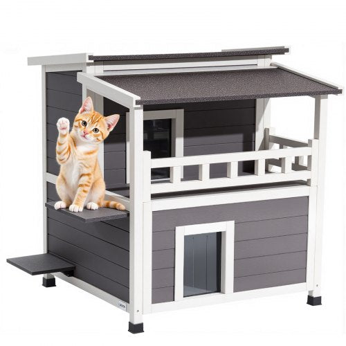 Insulated Cat House, 2-Story Wooden Cat Shelter, Foam Insulation, Feral Kitty Shelter with Balcony, Waterproof Cats Condos for Indoor & Outdoor 1-3 Cats in Winter 84 × 75 × 82 cm