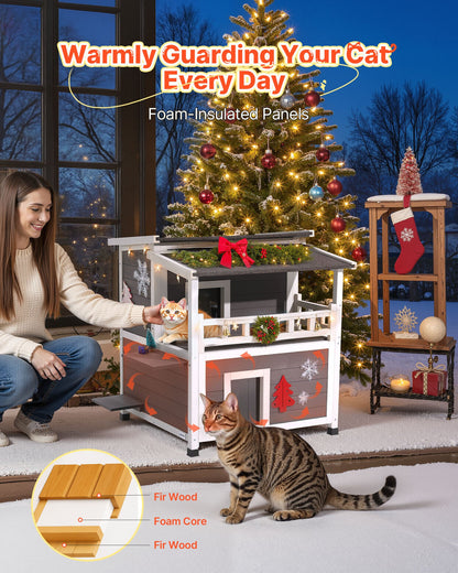 Insulated Cat House, 2-Story Wooden Cat Shelter, Foam Insulation, Feral Kitty Shelter with Balcony, Waterproof Cats Condos for Indoor & Outdoor 1-3 Cats in Winter 84 × 75 × 82 cm