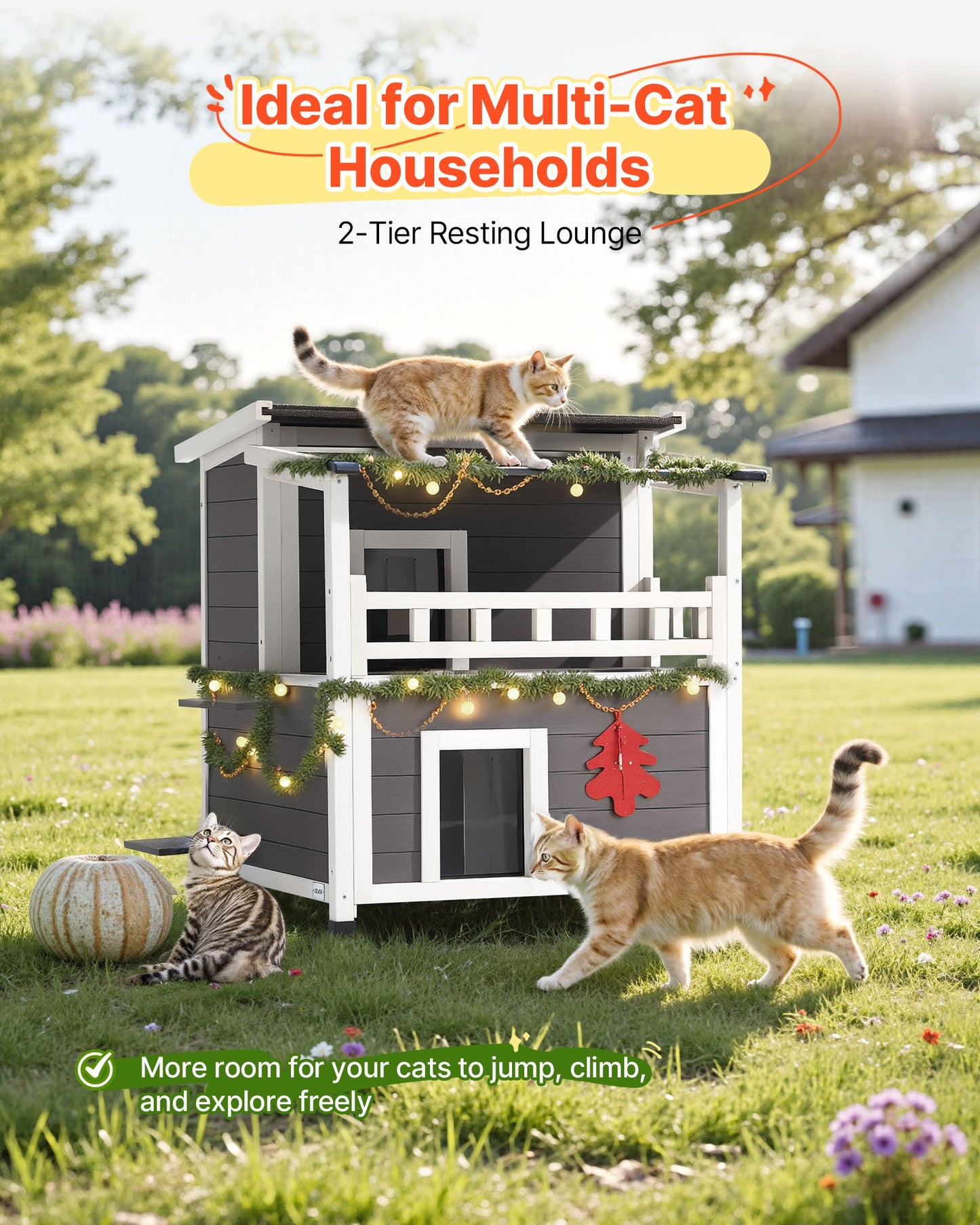 Insulated Cat House, 2-Story Wooden Cat Shelter, Foam Insulation, Feral Kitty Shelter with Balcony, Waterproof Cats Condos for Indoor & Outdoor 1-3 Cats in Winter 84 × 75 × 82 cm